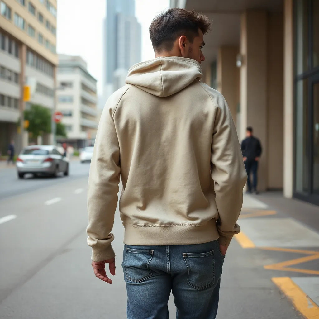 Model in a modern hoodie styled with streetwear in soft daylight outdoors