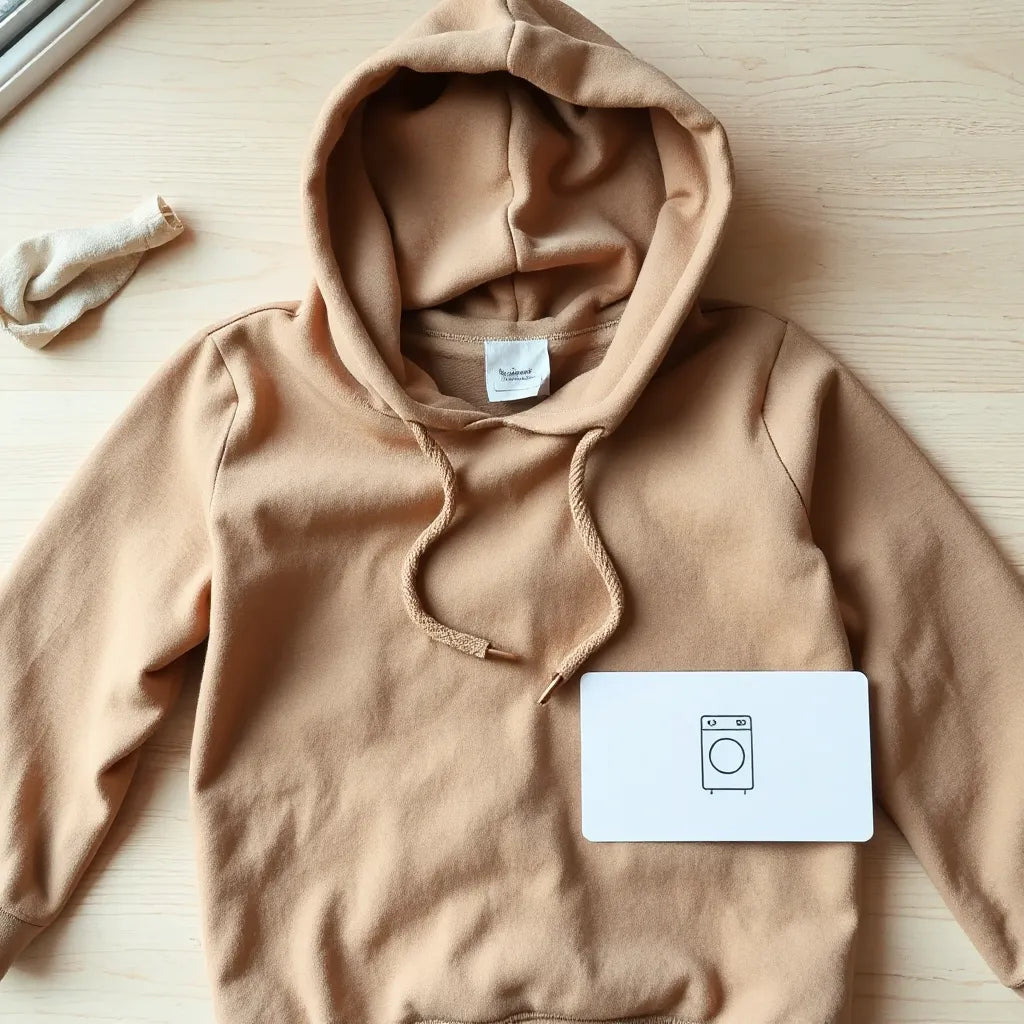Recycled polyester hoodie laid flat on a clean table under soft natural light