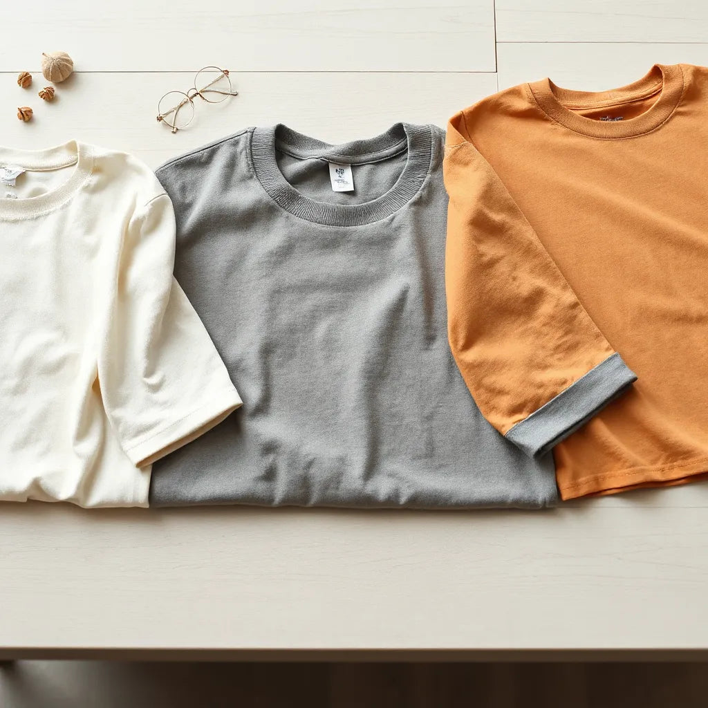Neatly arranged t-shirts showing fabric texture, reinforced seams, and a structured crew neckline