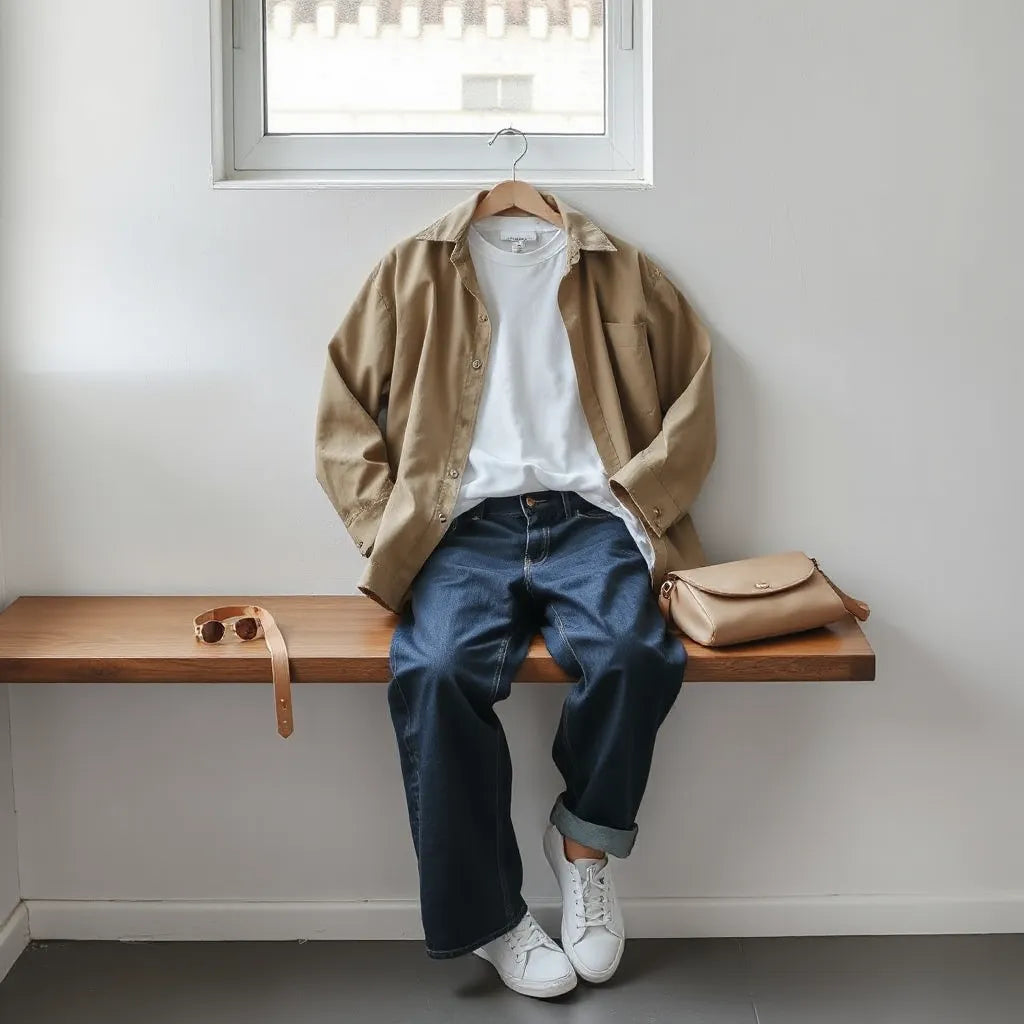 Modern casual outfit laid out with overshirt, tee, jeans, sneakers, and accessories in soft daylight.