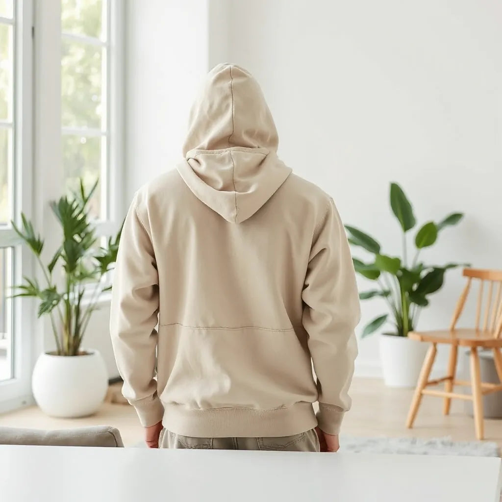 Relaxed-fit comfortable hoodie worn in a bright room with natural light and minimal background