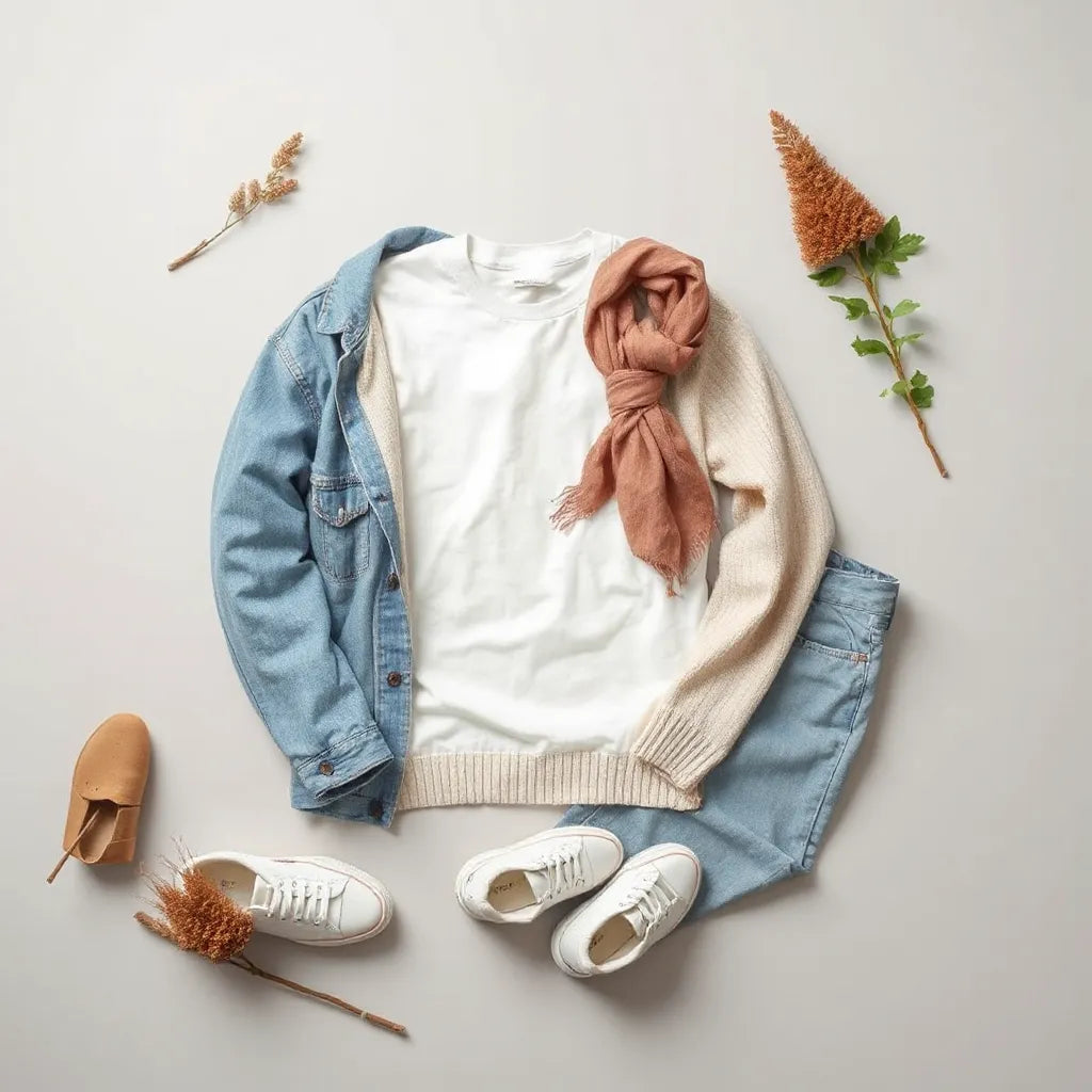 Neatly arranged basics like a tee, sweater, denim jacket, jeans, and sneakers on a neutral background