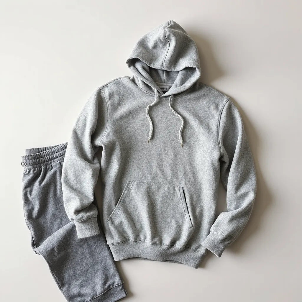 Unisex hooded sweater with visible drawstrings and relaxed fit on a neutral background